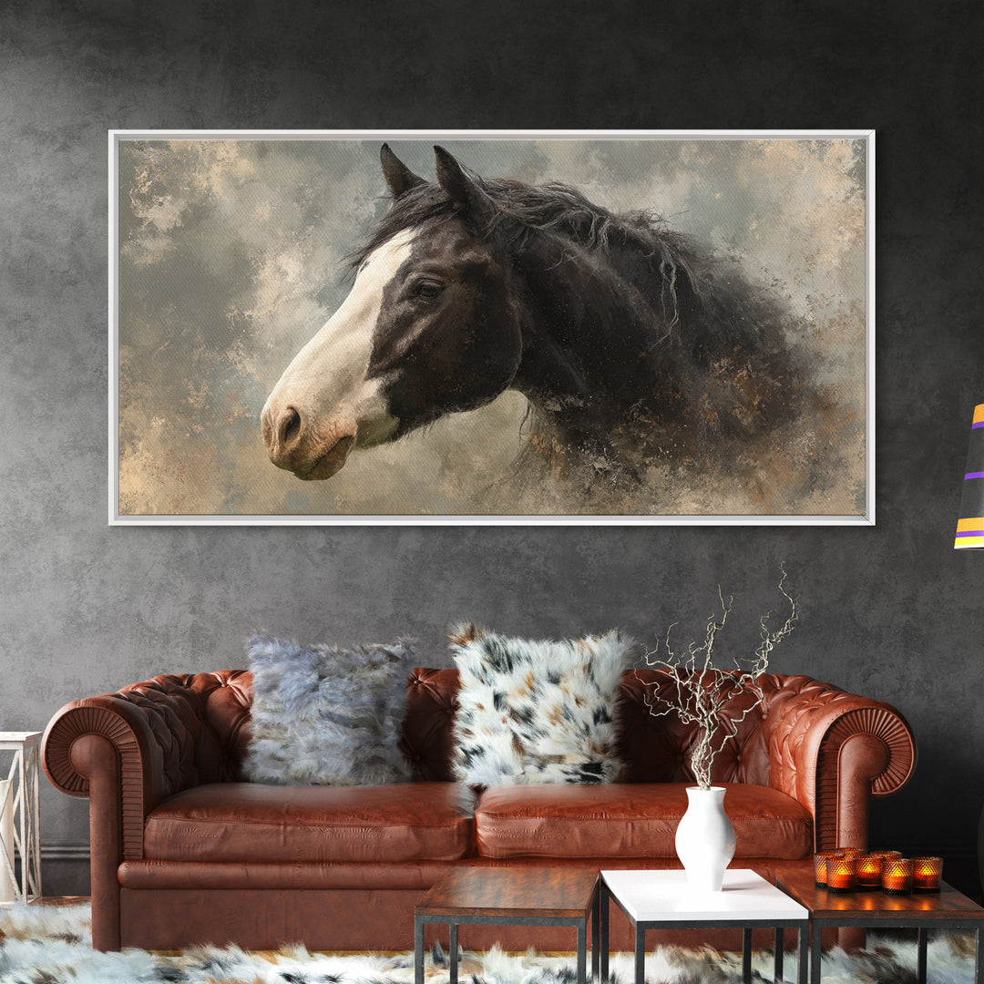 Black and White Wild Horse Portrait Framed Canvas Print, Black and White Art, Art Print, Living Room Decor, Monochrome, BAW-2x1-25
