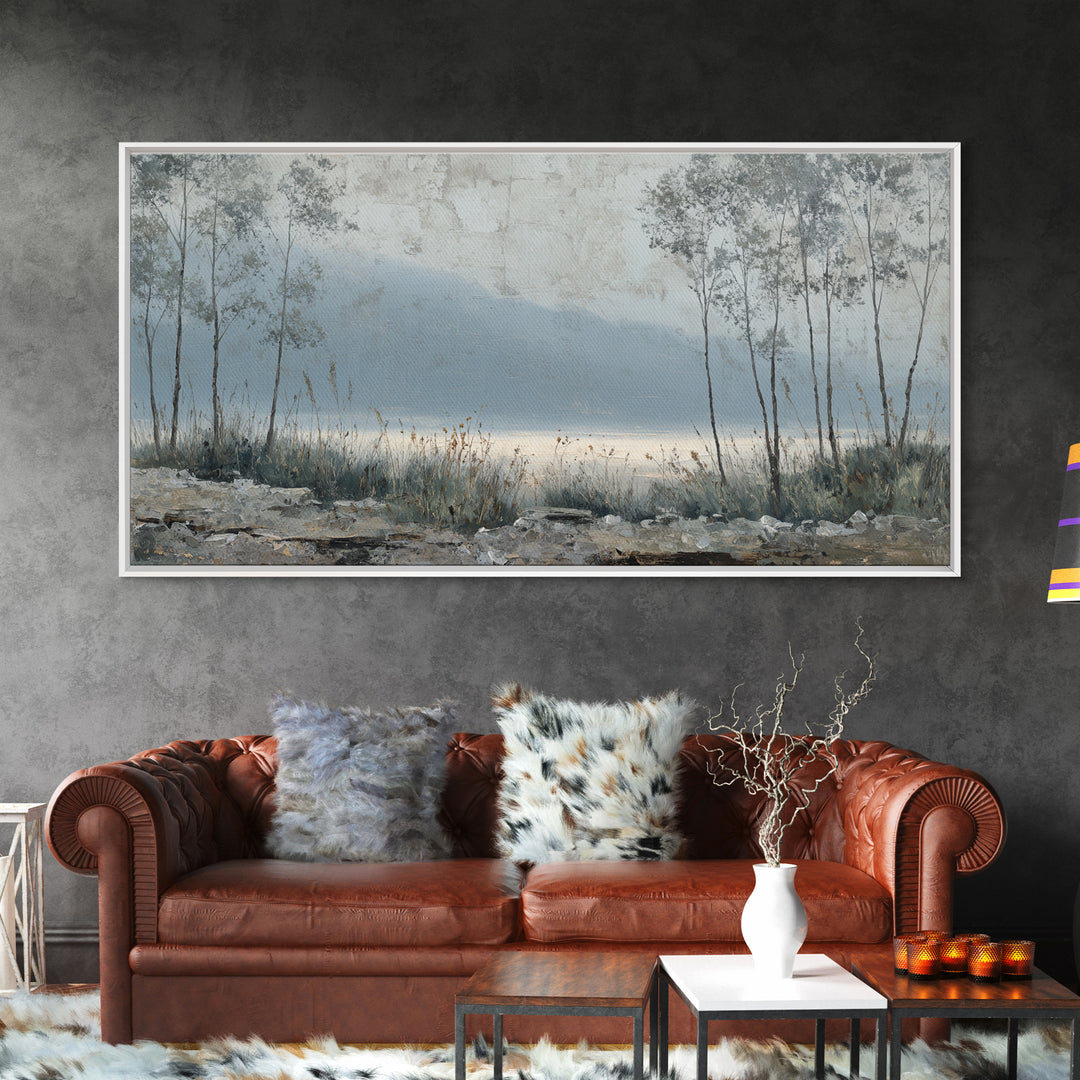 Moody Foggy Forest Framed Canvas Print, Black and White Art, Boho Decor, Living Room Decor, Monochrome, Halloween Decor, BAW-2x1-27