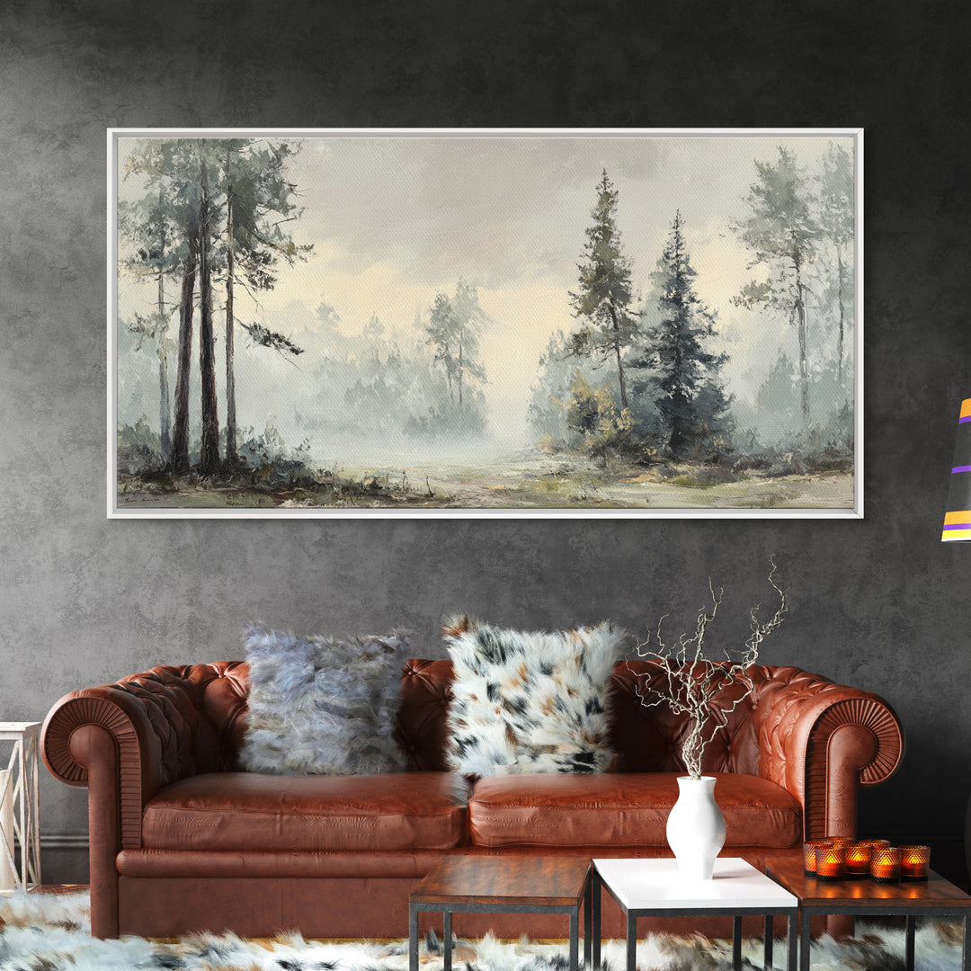 Moody Foggy Forest Framed Canvas Print, Black and White Art, Gothic Decor, Living Room Decor, Oil Painting, Monochrome, BAW-2x1-3