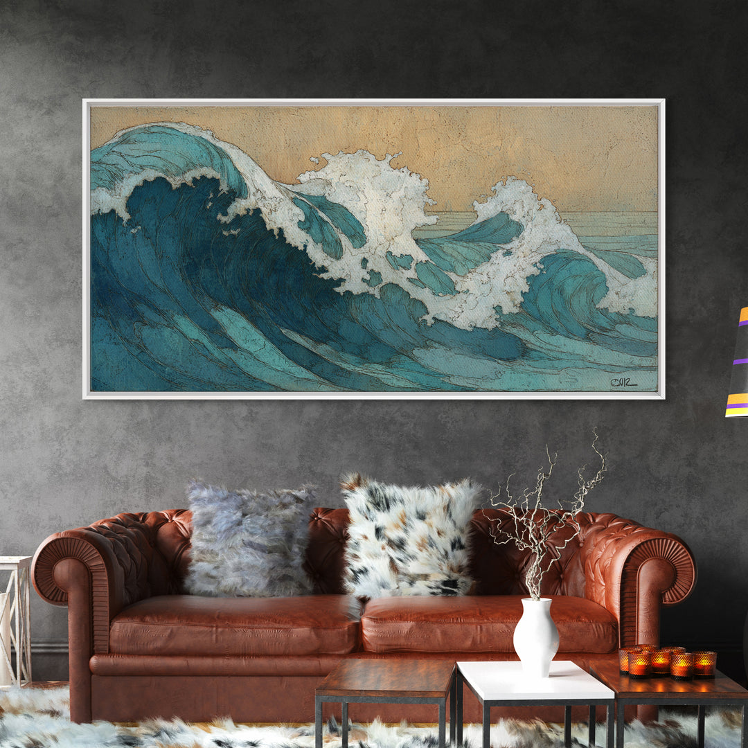Stormy Ocean Wave Framed Canvas Print, Black and White Art, Minimalist Decor, Living Room Decor, Oil Painting, Monochrome, BAW-2x1-30