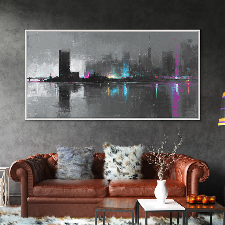 Monochrome City Skyline Reflected Canvas Print, Black and White Art, Living Room Decor, Abstract Art, Monochrome, BAW-2x1-31