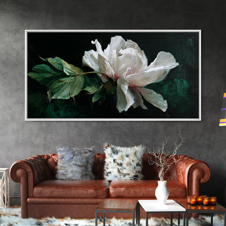 White Flower on Deep Black Background Canvas Print, Black and White Art, Wall Art, Living Room Decor, Watercolor Art, BAW-2x1-32