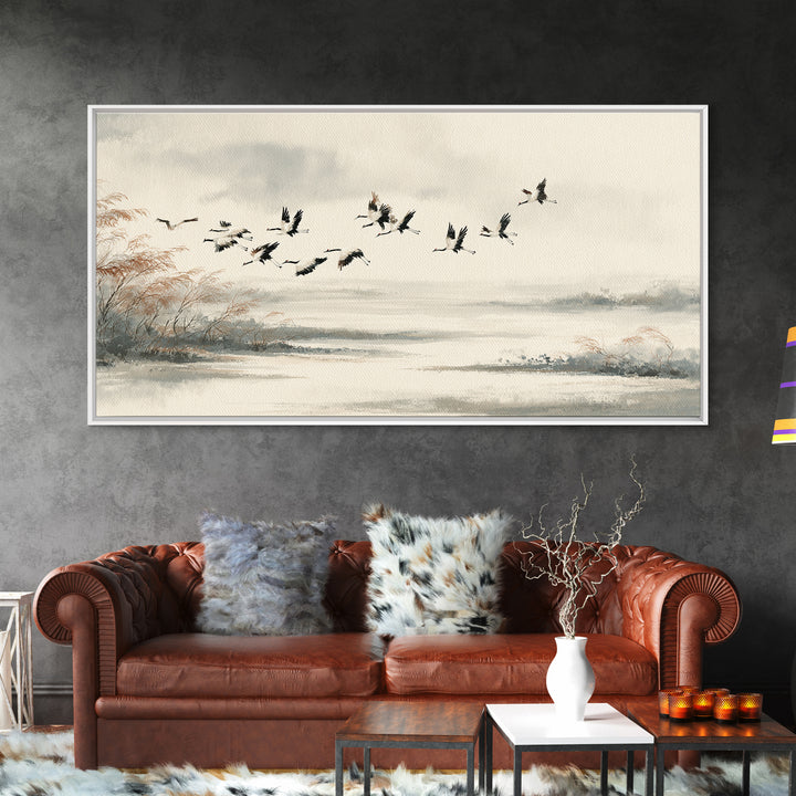 Black Ink Crane Flying Across Empty Sky Canvas Print, Black and White Art, Digital Prints, Living Room Decor, Monochrome, BAW-2x1-33