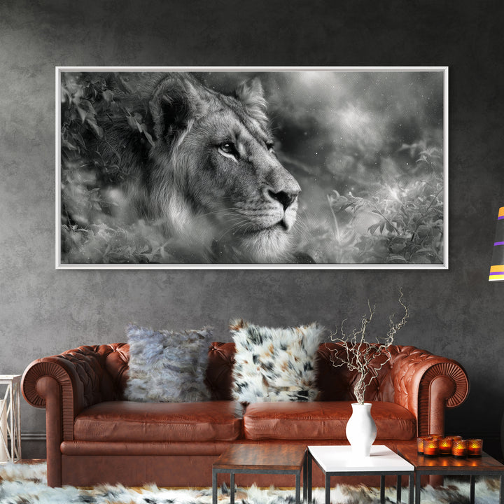Dramatic Black and White Lion Portrait Canvas Print, Black and White Art, Halloween Decor, Living Room Decor, Monochrome, BAW-2x1-37