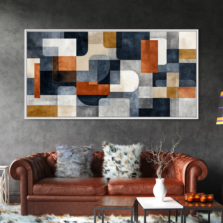 Geometric Bauhaus Grayscale Shapes Framed Canvas Print, Black and White Art, Luxury Decor, Living Room Decor, Abstract Art, BAW-2x1-38