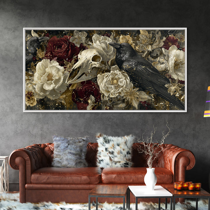 Ink Splatter Raven Composition Framed Canvas Print, Black and White Art, Art, Living Room Decor, Fine Art, Monochrome, BAW-2x1-40