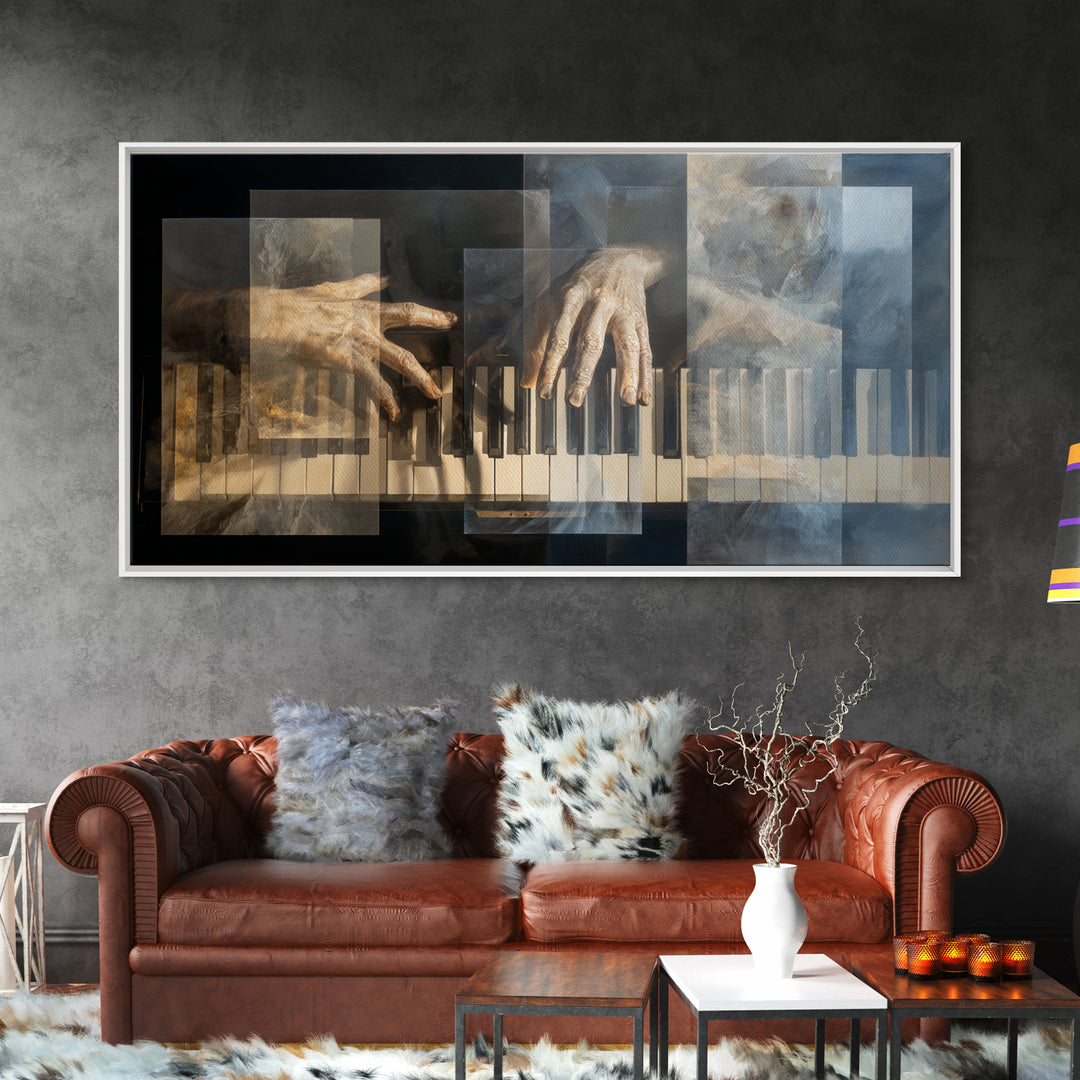 Piano Keys and Hands Framed Canvas Print, Black and White Art, Room Decor, Living Room Decor, Fine Art, Monochrome, Art Print, BAW-2x1-42