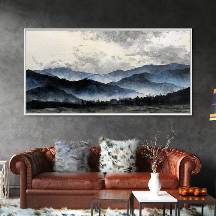 Black Ink Mountain Range Framed Canvas Print, Black and White Art, Art, Living Room Decor, Fine Art, Monochrome, Original Art, BAW-2x1-46