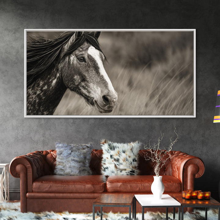 Black and White Wild Horse Portrait Canvas Print, Black and White Art, Large Wall Art, Living Room Decor, Fine Art, Monochrome, BAW-2x1-49