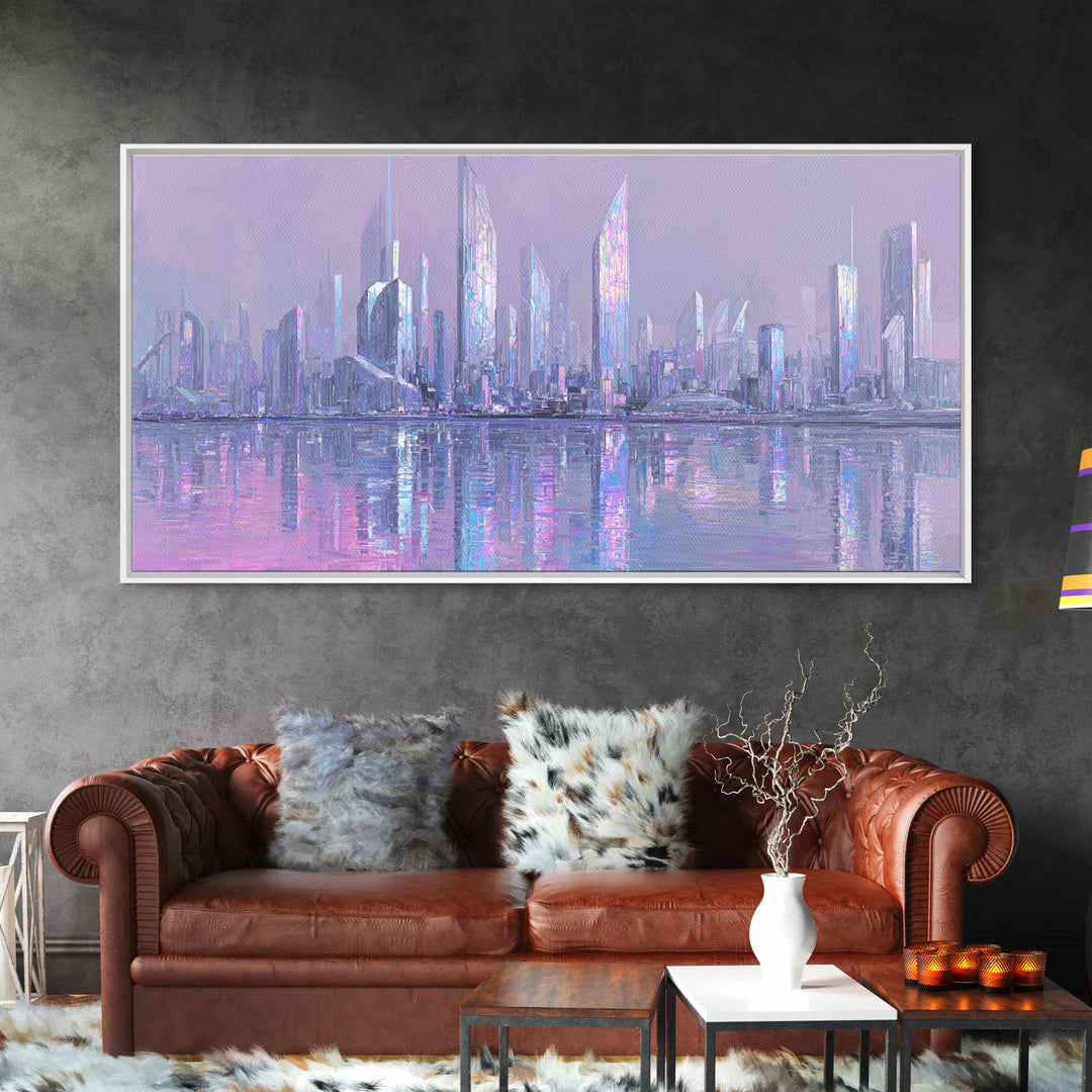 Monochrome City Skyline Reflected Framed Canvas Print, Black and White Art, Wood Wall Art, Living Room Decor, Monochrome, BAW-2x1-55