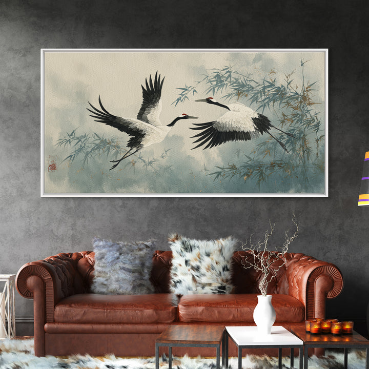 Black Ink Crane Flying Across Empty Sky Canvas Print, Black and White Art, Printable, Living Room Decor, Fine Art, Monochrome, BAW-2x1-57