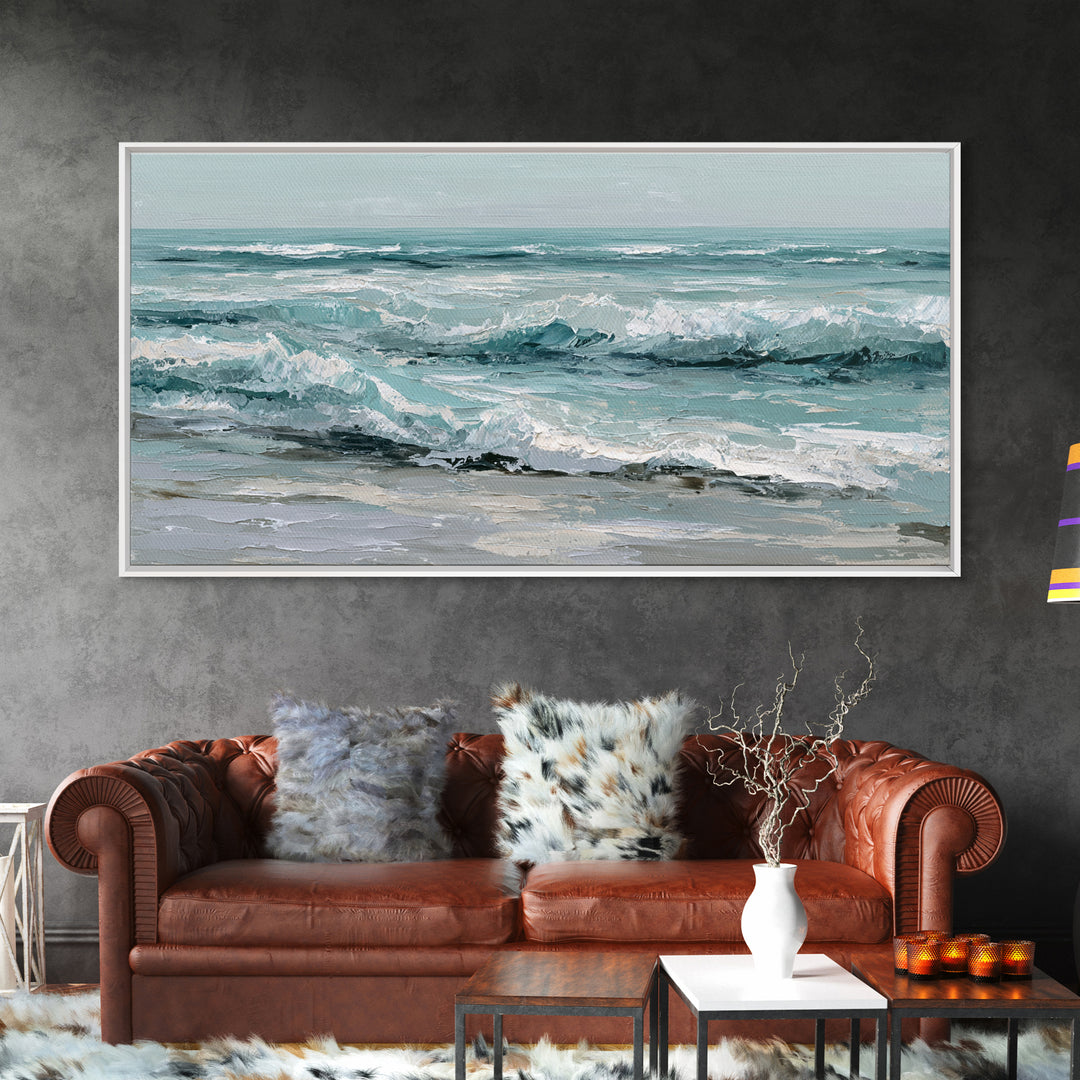 Stormy Ocean Wave Framed Canvas Print, Black and White Art, Minimalist Decor, Living Room Decor, Oil Painting, Monochrome, BAW-2x1-6