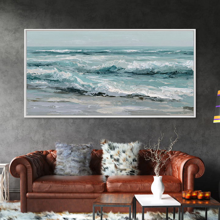 Stormy Ocean Wave Framed Canvas Print, Black and White Art, Minimalist Decor, Living Room Decor, Oil Painting, Monochrome, BAW-2x1-6