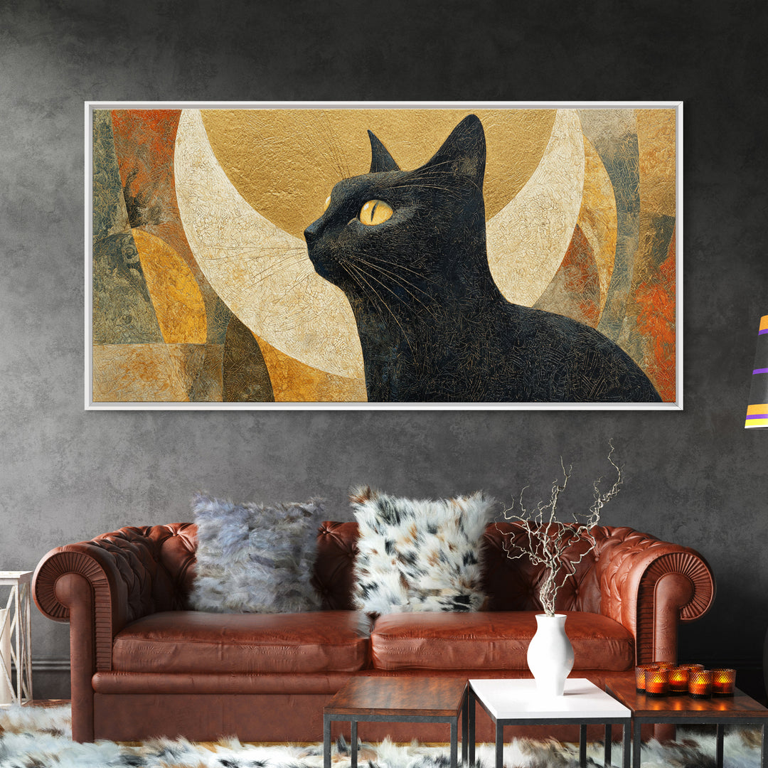 Black Cat Silhouette Framed Canvas Print, Black and White Art, Art Prints, Living Room Decor, Oil Painting, Monochrome, BAW-2x1-60