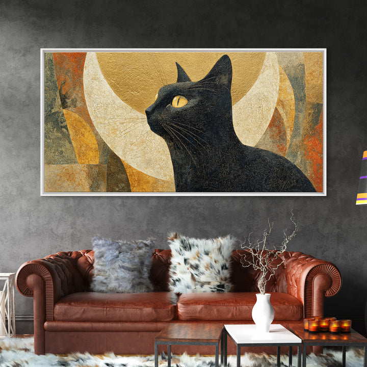 Black Cat Silhouette Framed Canvas Print, Black and White Art, Art Prints, Living Room Decor, Oil Painting, Monochrome, BAW-2x1-60