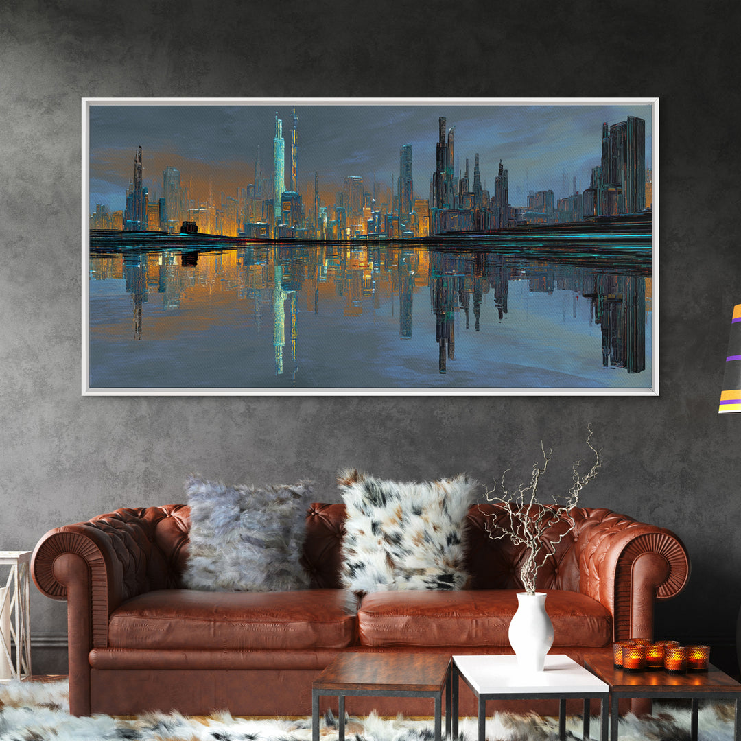Monochrome City Skyline Reflected Framed Canvas Print, Black and White Art, Halloween Decor, Living Room Decor, Abstract Art, BAW-2x1-7
