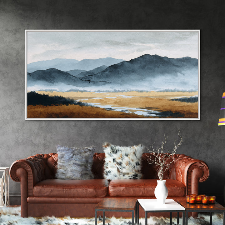 Black Ink Mountain Range Canvas Print, Black and White Art, Living Room Decor, Oil Painting, Monochrome, Abstract Wall Art, BAW-2x1-70