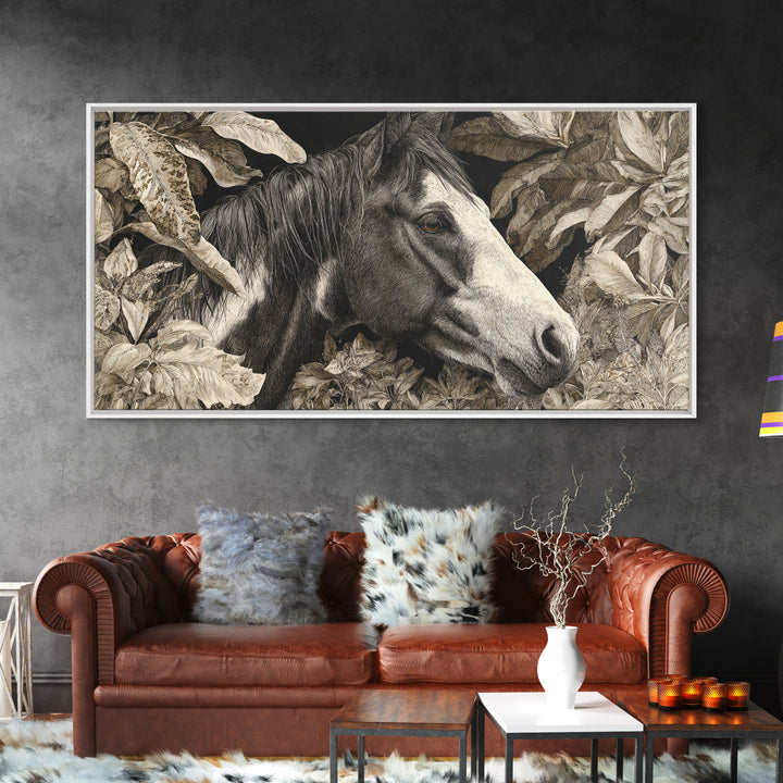 Black and White Wild Horse Portrait Canvas Print, Black and White Art, Large Wall Art, Living Room Decor, Fine Art, Monochrome, BAW-2x1-73