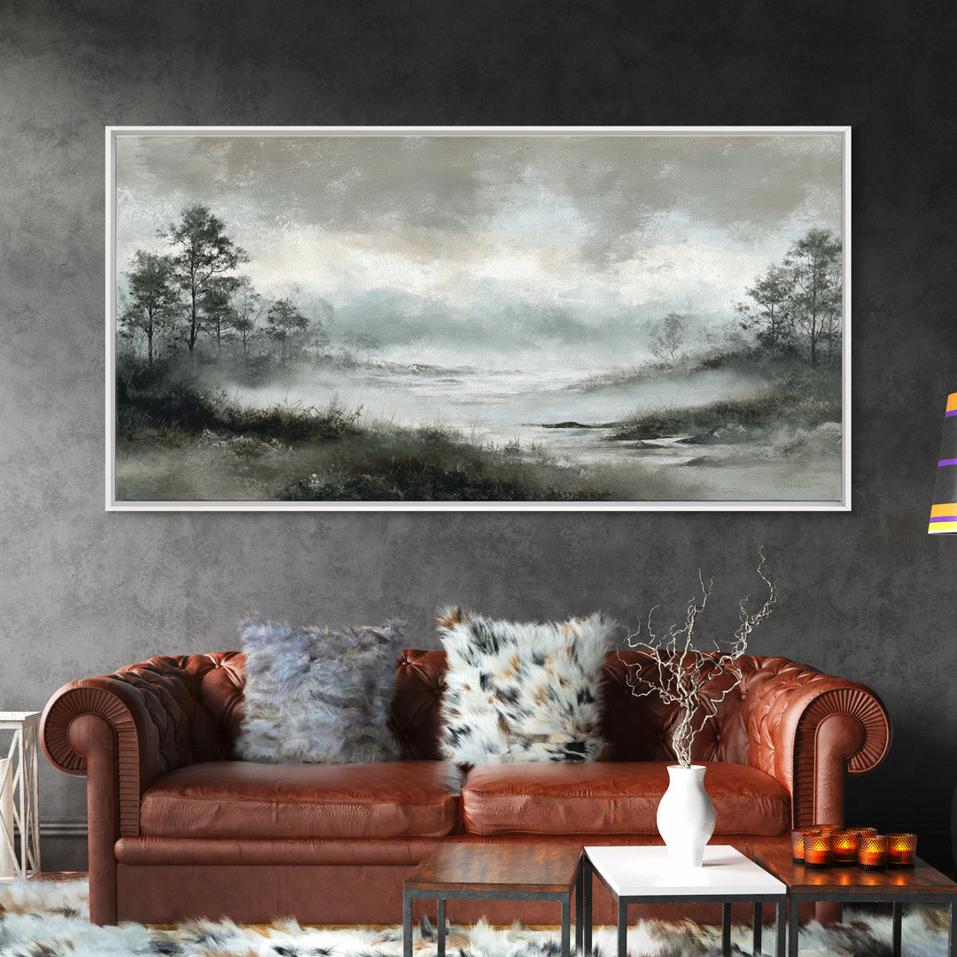 Moody Foggy Forest Framed Canvas Print, Black and White Art, Room Decor, Living Room Decor, Fine Art, Monochrome, Art Print, BAW-2x1-75