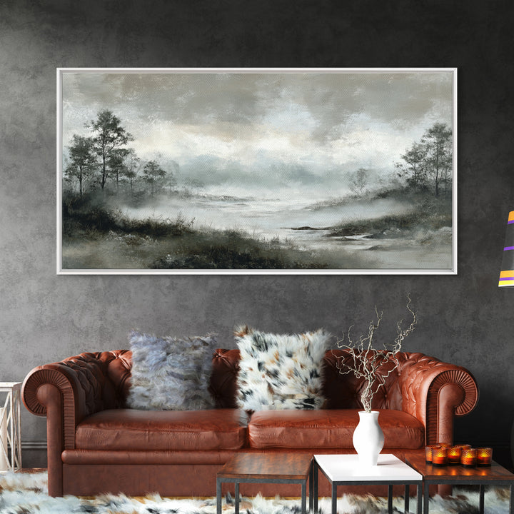 Moody Foggy Forest Framed Canvas Print, Black and White Art, Room Decor, Living Room Decor, Fine Art, Monochrome, Art Print, BAW-2x1-75