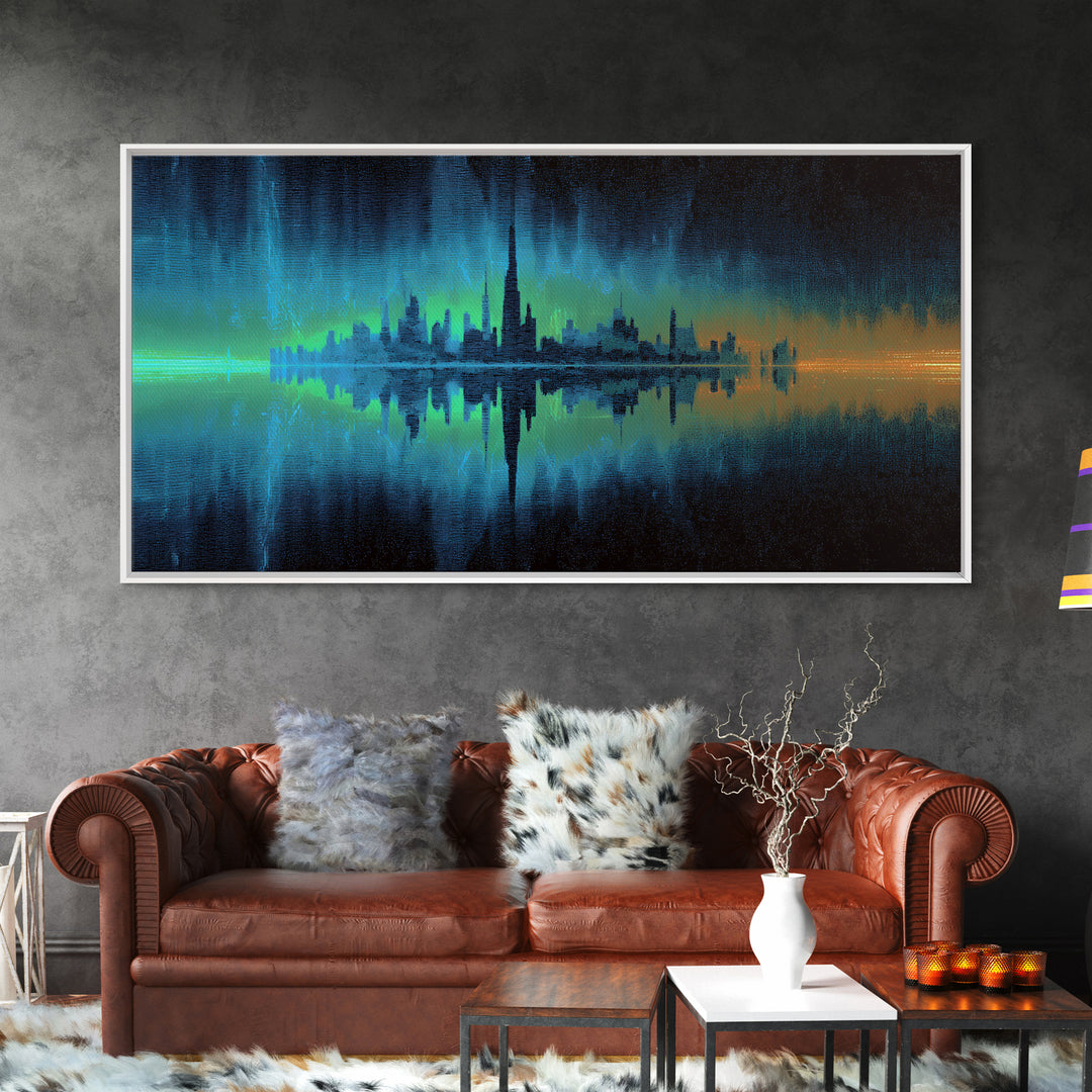 Monochrome City Skyline Reflected Framed Canvas Print, Black and White Art, Cabin Decor, Living Room Decor, Abstract Art, BAW-2x1-79