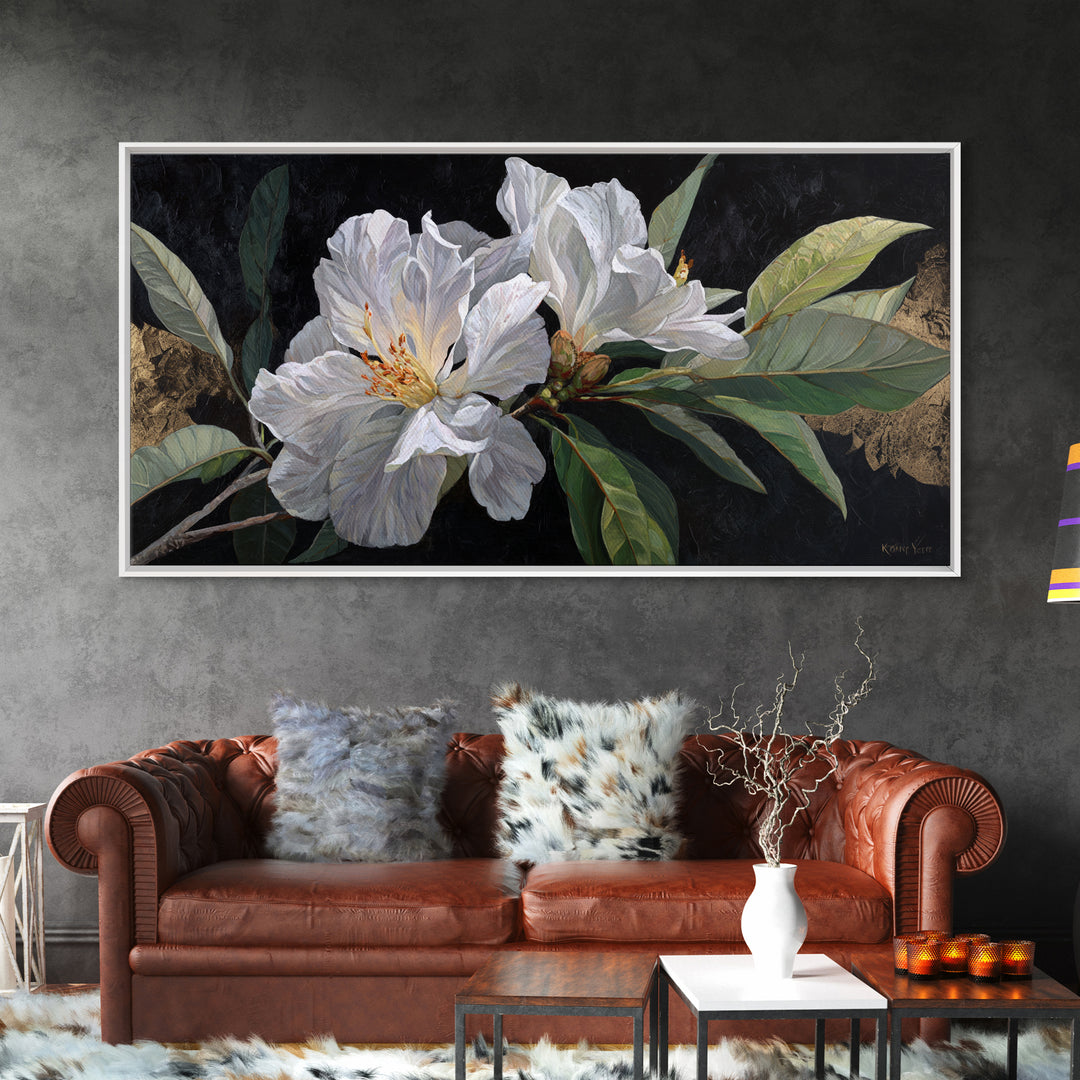 White Flower on Deep Black Background Canvas Print, Black and White Art, Luxury Decor, Living Room Decor, Monochrome, BAW-2x1-8