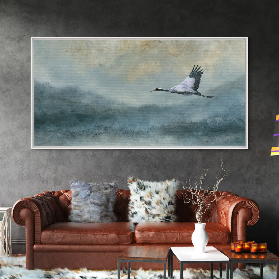 Black Ink Crane Flying Across Empty Sky Canvas Print, Black and White Art, Abstract Art, Living Room Decor, Monochrome, BAW-2x1-81