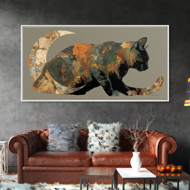 Black Cat Silhouette Framed Canvas Print, Black and White Art, Printable Art, Living Room Decor, Fine Art, Monochrome, BAW-2x1-84