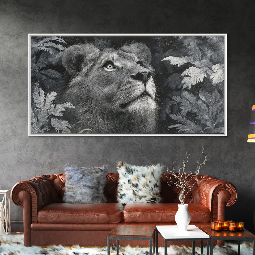 Dramatic Black and White Lion Portrait Framed Canvas Print, Black and White Art, Wood Wall Art, Living Room Decor, Monochrome, BAW-2x1-85