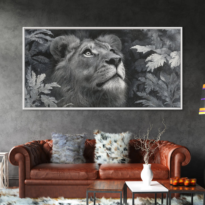 Dramatic Black and White Lion Portrait Framed Canvas Print, Black and White Art, Wood Wall Art, Living Room Decor, Monochrome, BAW-2x1-85