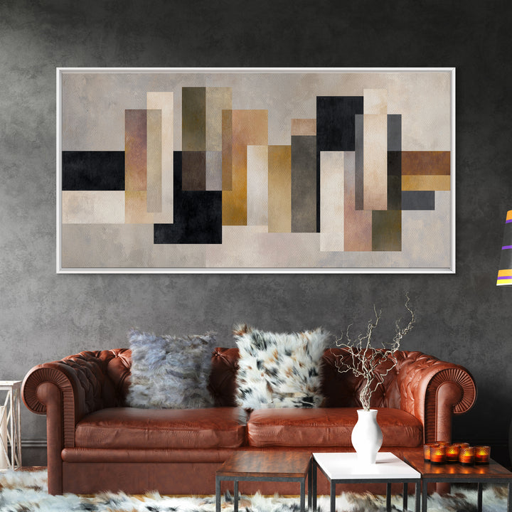 Geometric Bauhaus Grayscale Shapes Framed Canvas Print, Black and White Art, Print, Living Room Decor, Abstract Art, Monochrome, BAW-2x1-86
