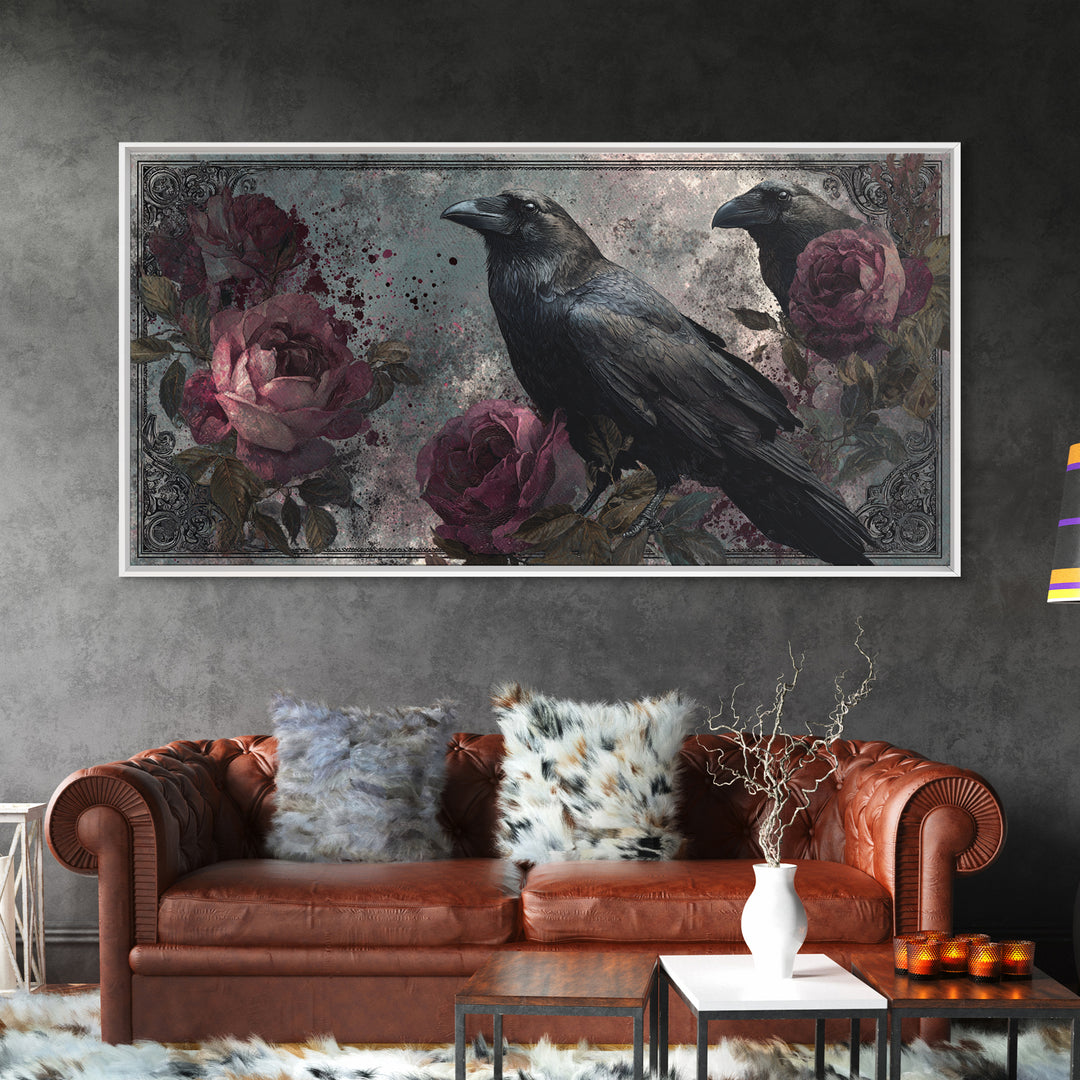 Ink Splatter Raven Composition Framed Canvas Print, Black and White Art, Large Wall Art, Living Room Decor, Monochrome, BAW-2x1-88