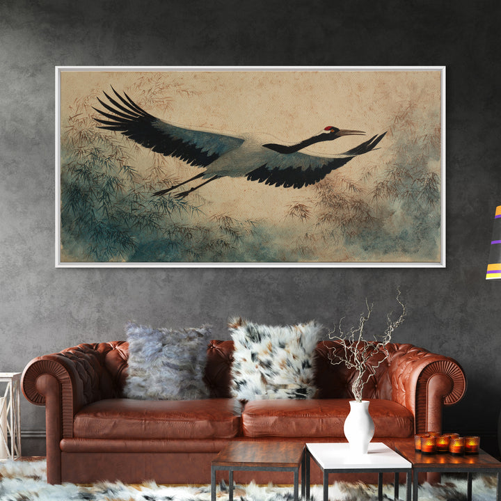 Black Ink Crane Flying Across Empty Sky Canvas Print, Black and White Art, Digital Prints, Living Room Decor, Monochrome, BAW-2x1-9