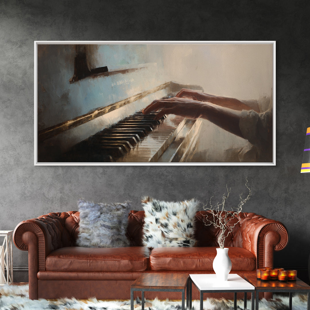 Piano Keys and Hands Framed Canvas Print, Black and White Art, Art Prints, Living Room Decor, Oil Painting, Monochrome, BAW-2x1-90