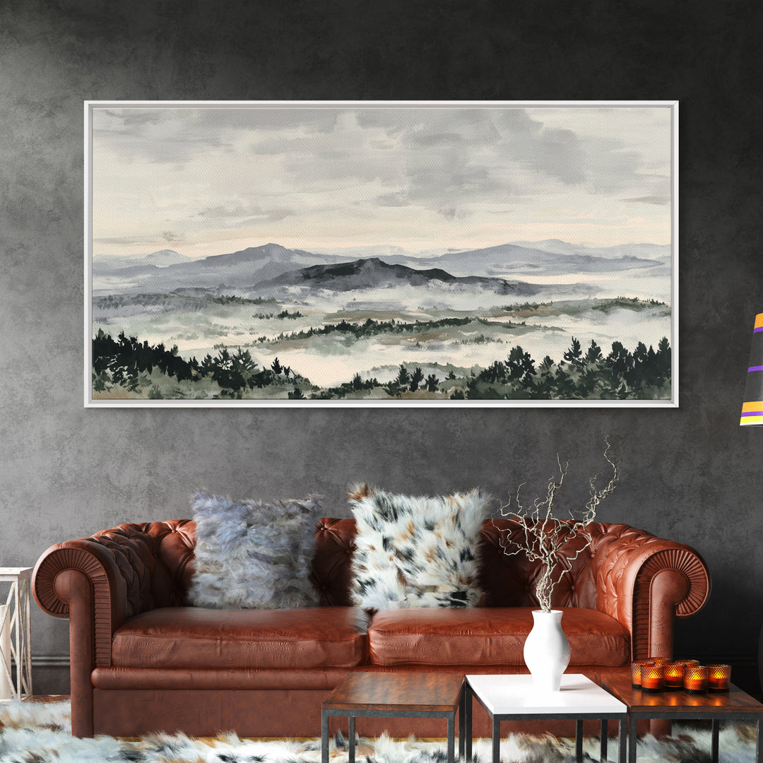 Black Ink Mountain Range Canvas Print, Black and White Art, Living Room Decor, Oil Painting, Monochrome, Abstract Wall Art, BAW-2x1-94