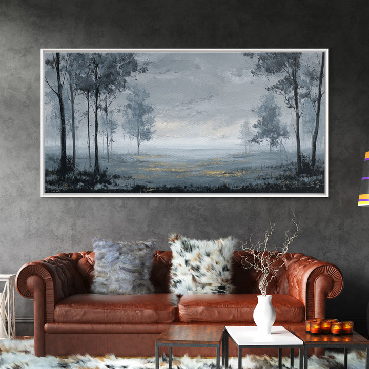 Moody Foggy Forest Framed Canvas Print, Black and White Art, Printable Art, Living Room Decor, Monochrome, Gallery Decor, BAW-2x1-99