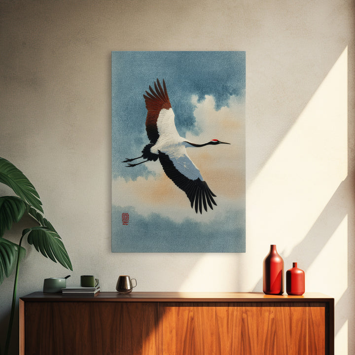 Black Ink Crane Flying Across Empty Sky Canvas Print, Black and White Art, Art Prints, Living Room Decor, Monochrome, BAW-2x3-21