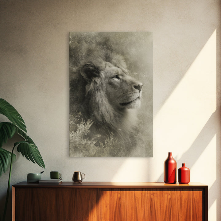 Dramatic Black and White Lion Portrait Framed Canvas Print, Black and White Art, Art Print, Living Room Decor, Monochrome, BAW-2x3-25