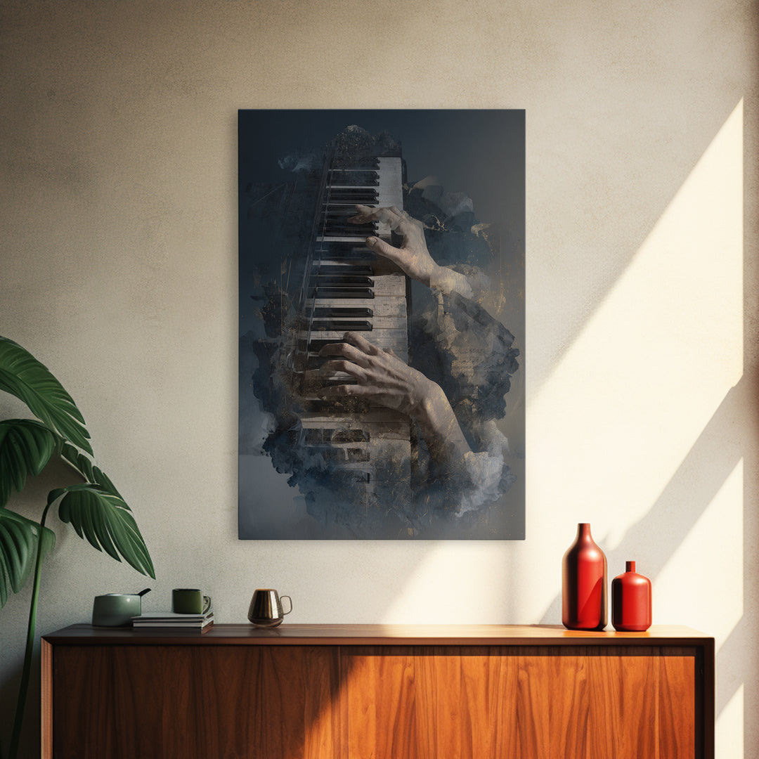 Piano Keys and Hands Framed Canvas Print, Black and White Art, Minimalist Decor, Living Room Decor, Fine Art, Monochrome, BAW-2x3-30