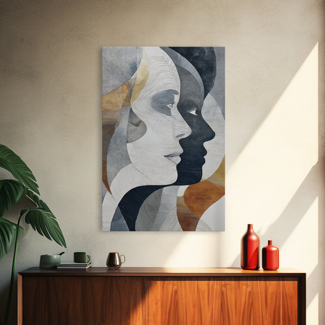 Monochrome Female Profile Framed Canvas Print, Black and White Art, Abstract Art, Living Room Decor, Monochrome, Cabin Decor, BAW-2x3-33