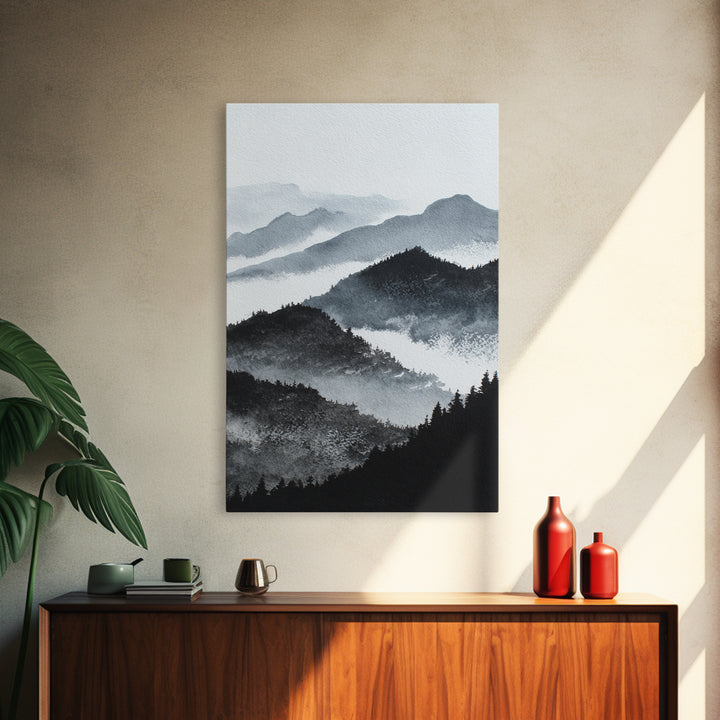 Black Ink Mountain Range Framed Canvas Print, Black and White Art, Halloween Decor, Living Room Decor, Fine Art, Monochrome, BAW-2x3-34