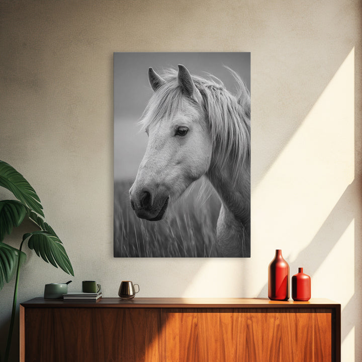 Black and White Wild Horse Portrait Canvas Print, Black and White Art, Printable Wall Art, Living Room Decor, Monochrome, BAW-2x3-37