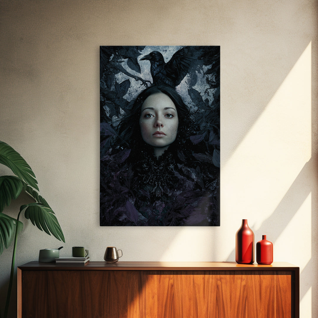Ink Splatter Raven Composition Framed Canvas Print, Black and White Art, Contemporary Art, Living Room Decor, Monochrome, BAW-2x3-4