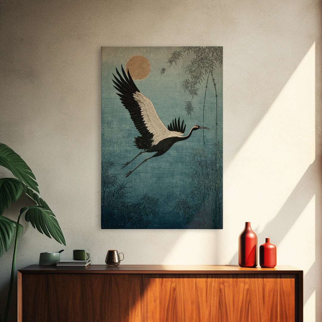 Black Ink Crane Flying Across Empty Sky Canvas Print, Black and White Art, Gothic Decor, Living Room Decor, Monochrome, BAW-2x3-45