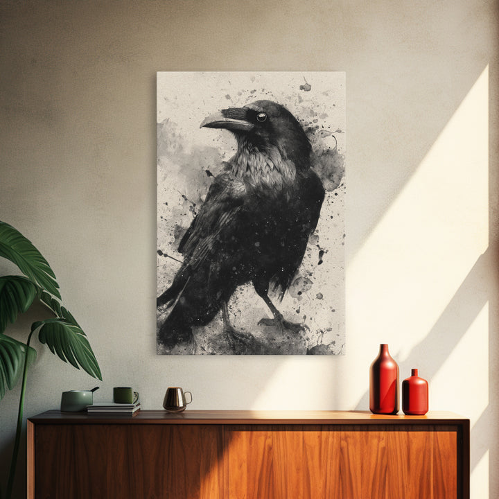Ink Splatter Raven Composition Framed Canvas Print, Black and White Art, Art, Living Room Decor, Fine Art, Monochrome, BAW-2x3-52