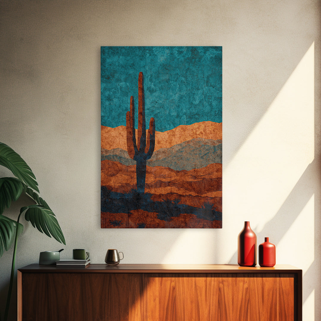Monochrome Desert Cactus Silhouette Framed Canvas Print, Black and White Art, Original Art, Living Room Decor, Monochrome, BAW-2x3-53