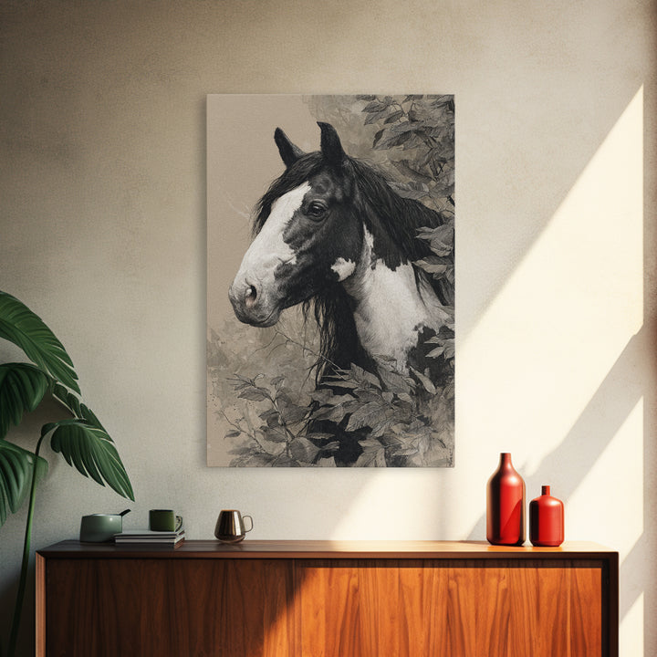 Black and White Wild Horse Portrait Canvas Print, Black and White Art, Wood Wall Art, Living Room Decor, Fine Art, Monochrome, BAW-2x3-61