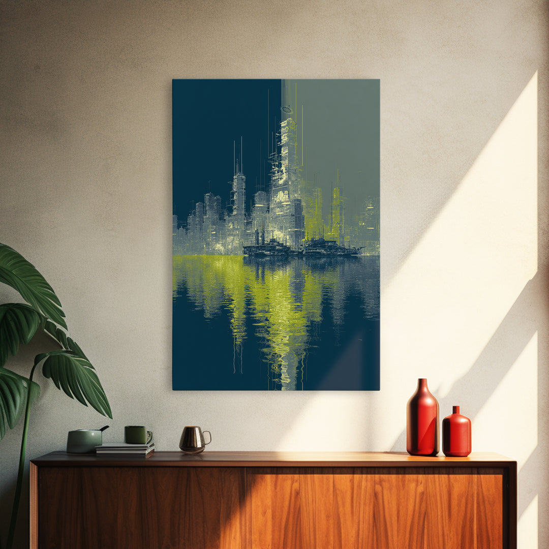 Monochrome City Skyline Reflected Canvas Print, Black and White Art, Wood Wall Art, Living Room Decor, Fine Art, Monochrome, BAW-2x3-67