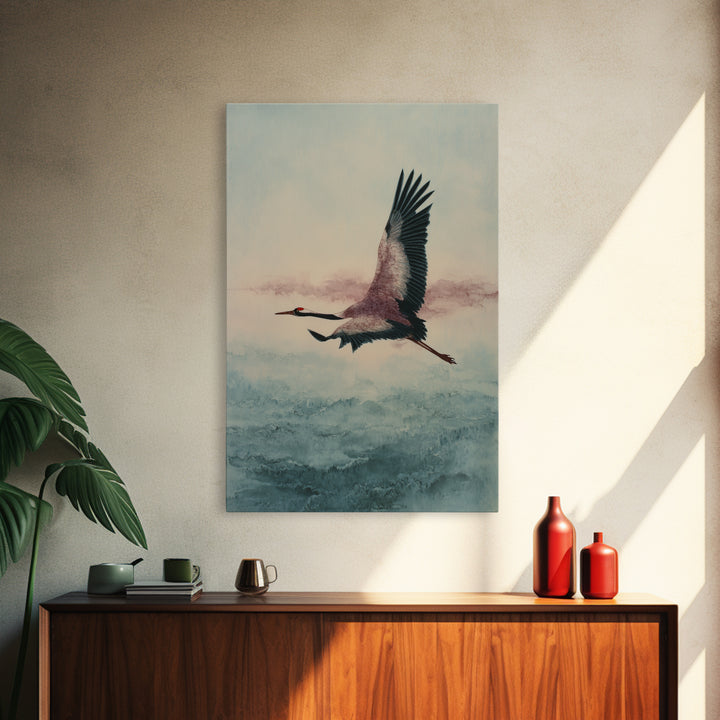 Black Ink Crane Flying Across Empty Sky Framed Canvas Print, Black and White Art, Printable Art, Living Room Decor, Monochrome, BAW-2x3-69