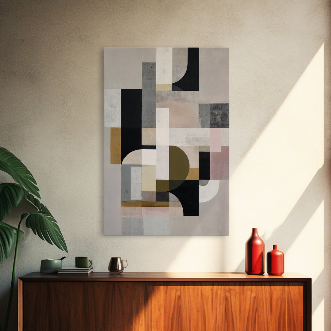 Geometric Bauhaus Grayscale Shapes Framed Canvas Print, Black and White Art, Digital Art, Living Room Decor, Abstract Art, BAW-2x3-74